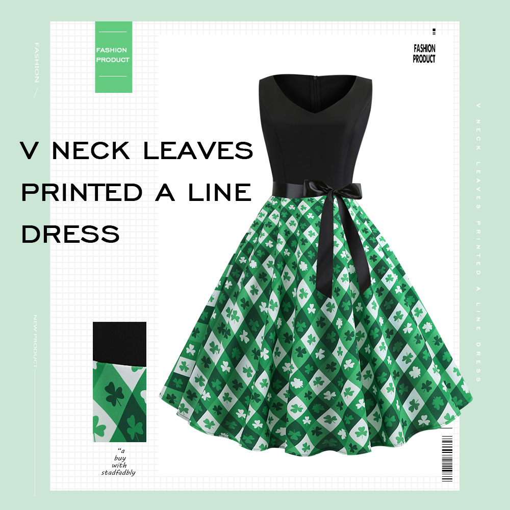 Leaves Print V Neck A Line Dress