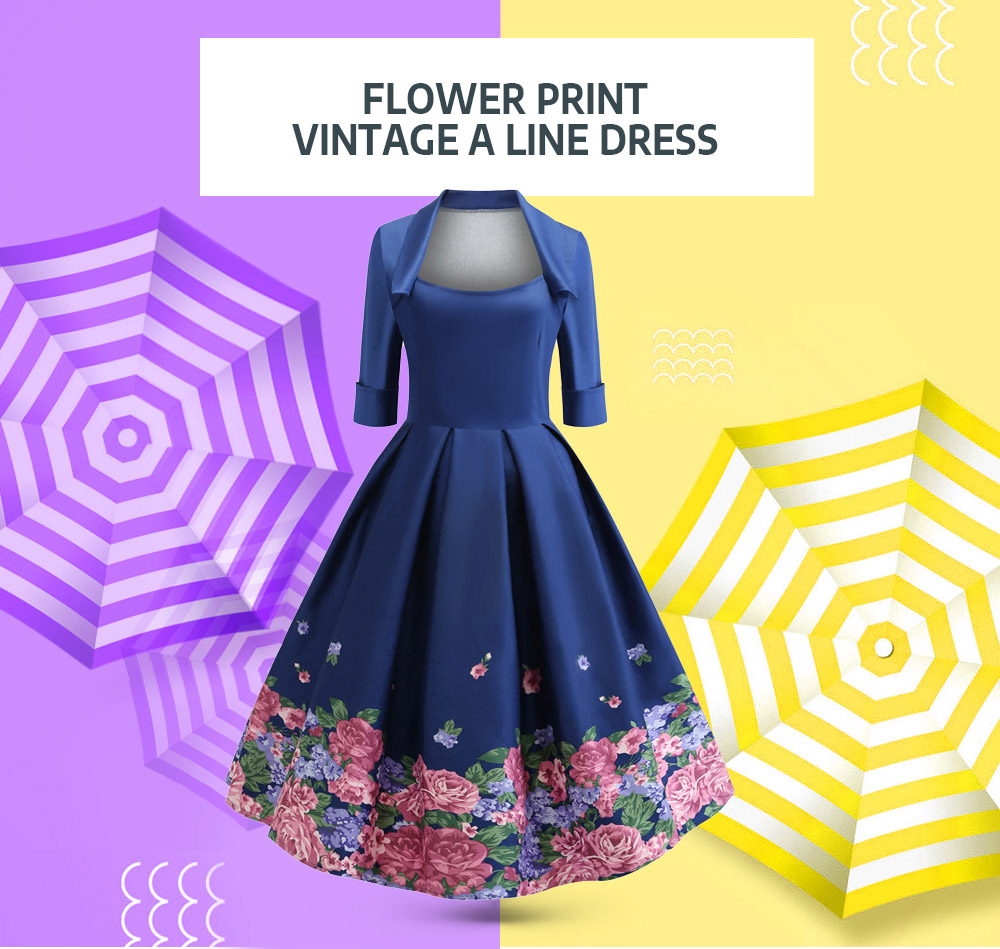 Vintage A Line Flower Print Dress