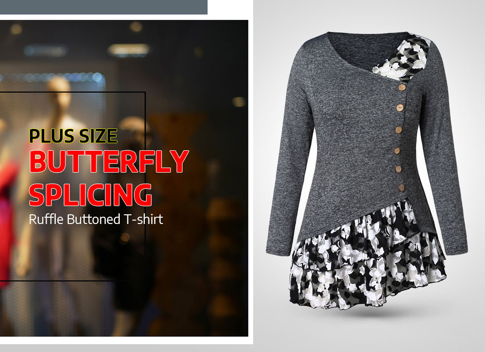 Plus Size Buttoned Butterfly Ruffle T-shirt