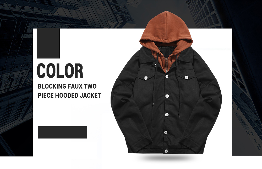 Color Block False Two Piece Hooded Jacket