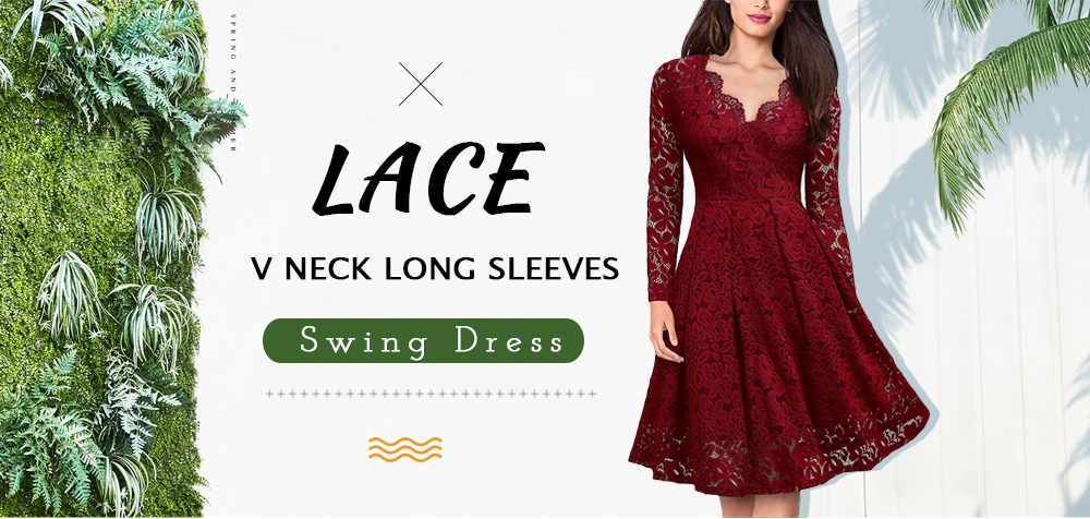 Lace V Neck Long Sleeves Swing Dress