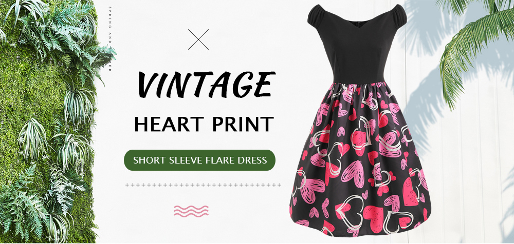 Heart Print V Neck A Line Dress