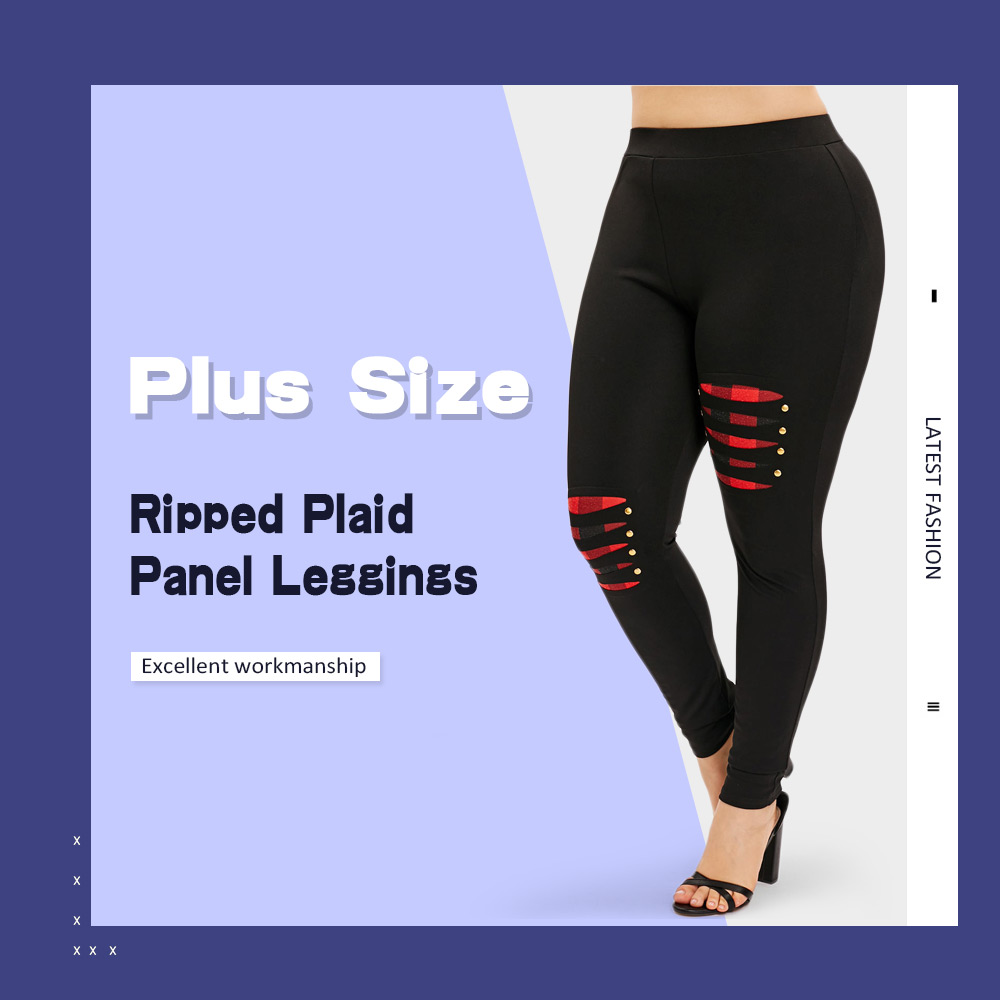 Plus Size Ripped Plaid Panel Leggings