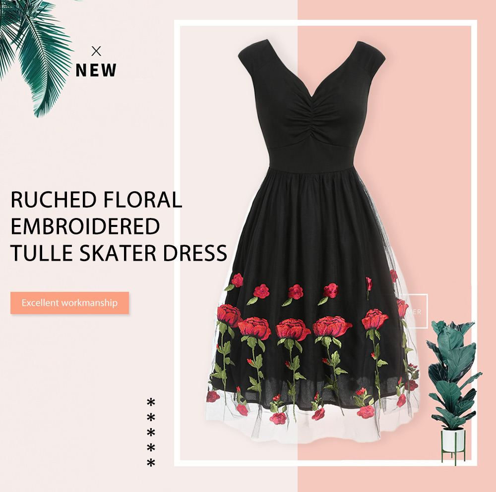 Ruched Embroidered Tulle Dress