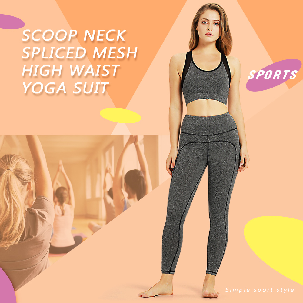 Scoop Neck Sleeveless Padded Spliced Mesh Crop Top High Waist Elastic Skinny Women Yoga Suit