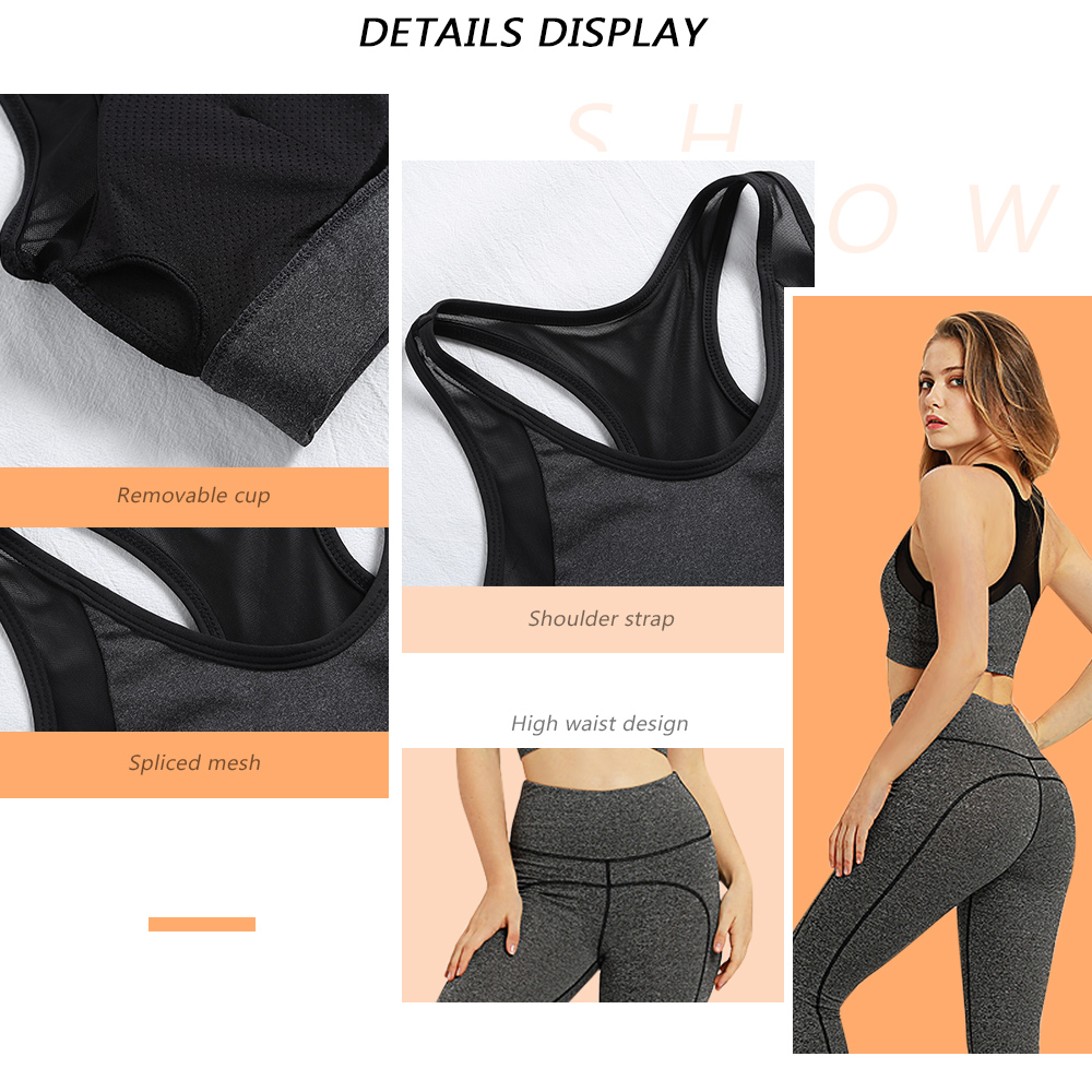 Scoop Neck Sleeveless Padded Spliced Mesh Crop Top High Waist Elastic Skinny Women Yoga Suit