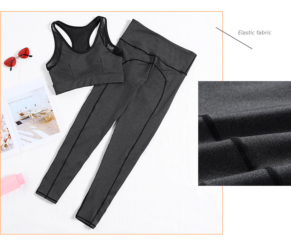 Scoop Neck Sleeveless Padded Spliced Mesh Crop Top High Waist Elastic Skinny Women Yoga Suit
