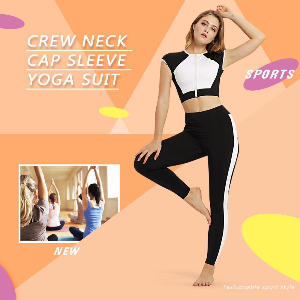 Crew Neck Cap Sleeve Color Blocking Zip Crop Top High Waist Pocket Skinny Pants Women Yoga Suit