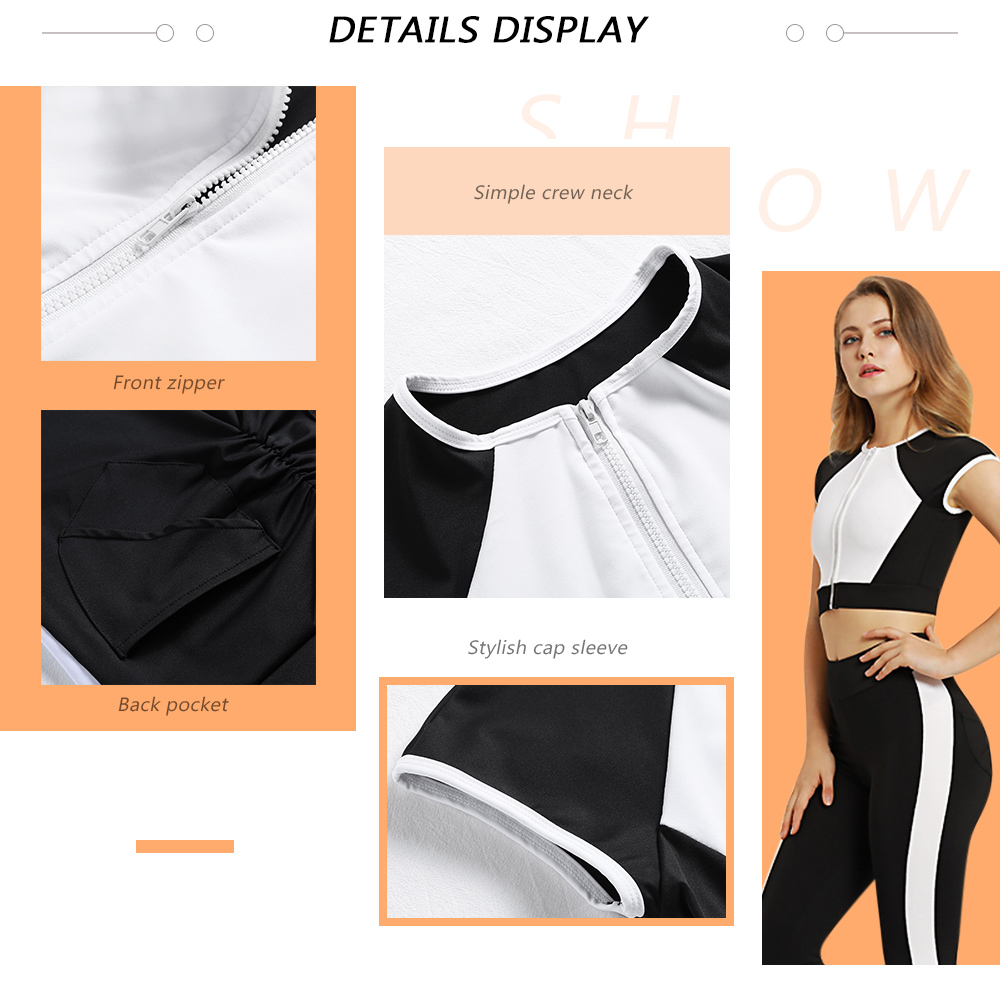 Crew Neck Cap Sleeve Color Blocking Zip Crop Top High Waist Pocket Skinny Pants Women Yoga Suit