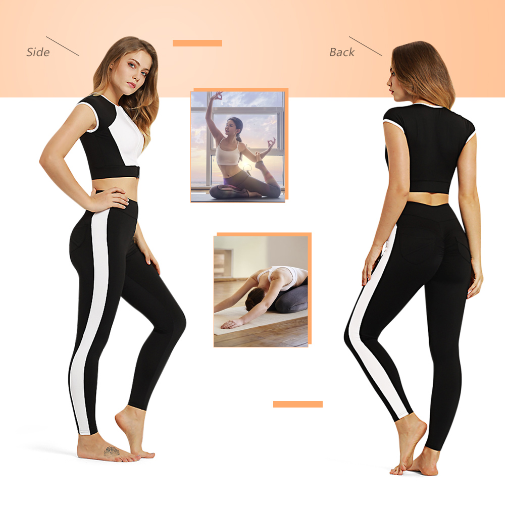 Crew Neck Cap Sleeve Color Blocking Zip Crop Top High Waist Pocket Skinny Pants Women Yoga Suit