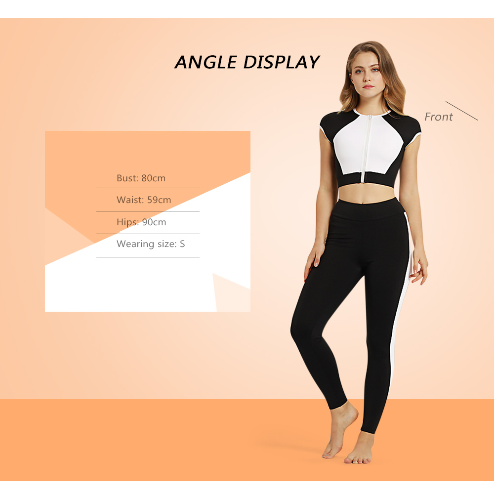 Crew Neck Cap Sleeve Color Blocking Zip Crop Top High Waist Pocket Skinny Pants Women Yoga Suit