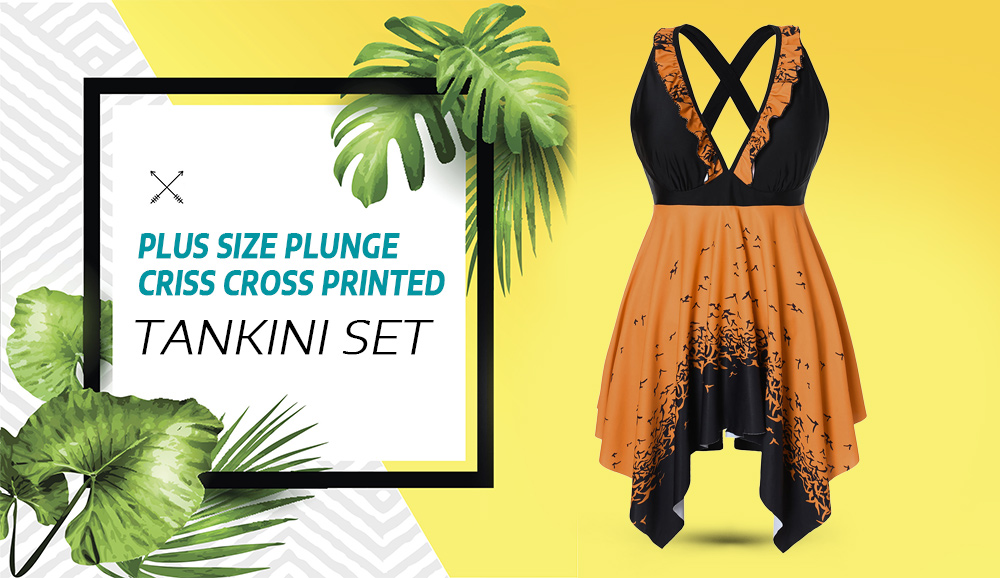 Plus Size Printed Criss Cross Handkerchief Tankini Set