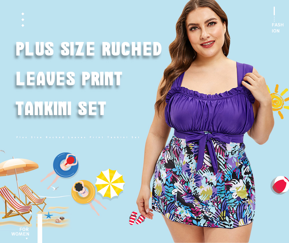 Plus Size Ruched Leaves Print Tankini Set