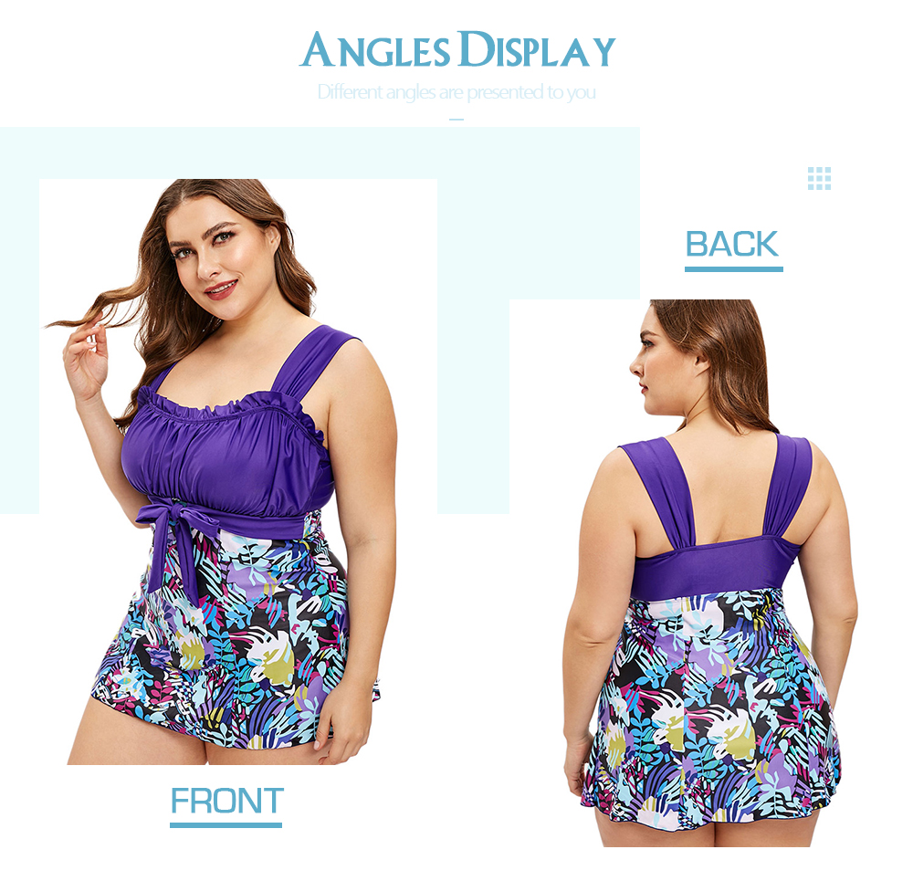 Plus Size Ruched Leaves Print Tankini Set