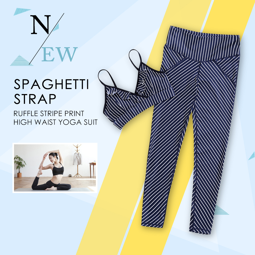 Spaghetti Strap Padded Backless Ruffle Stripe Print High Waist Elastic Pants Women Yoga Suit