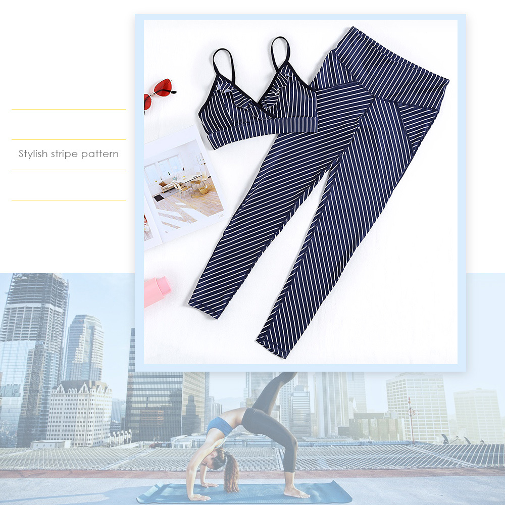 Spaghetti Strap Padded Backless Ruffle Stripe Print High Waist Elastic Pants Women Yoga Suit