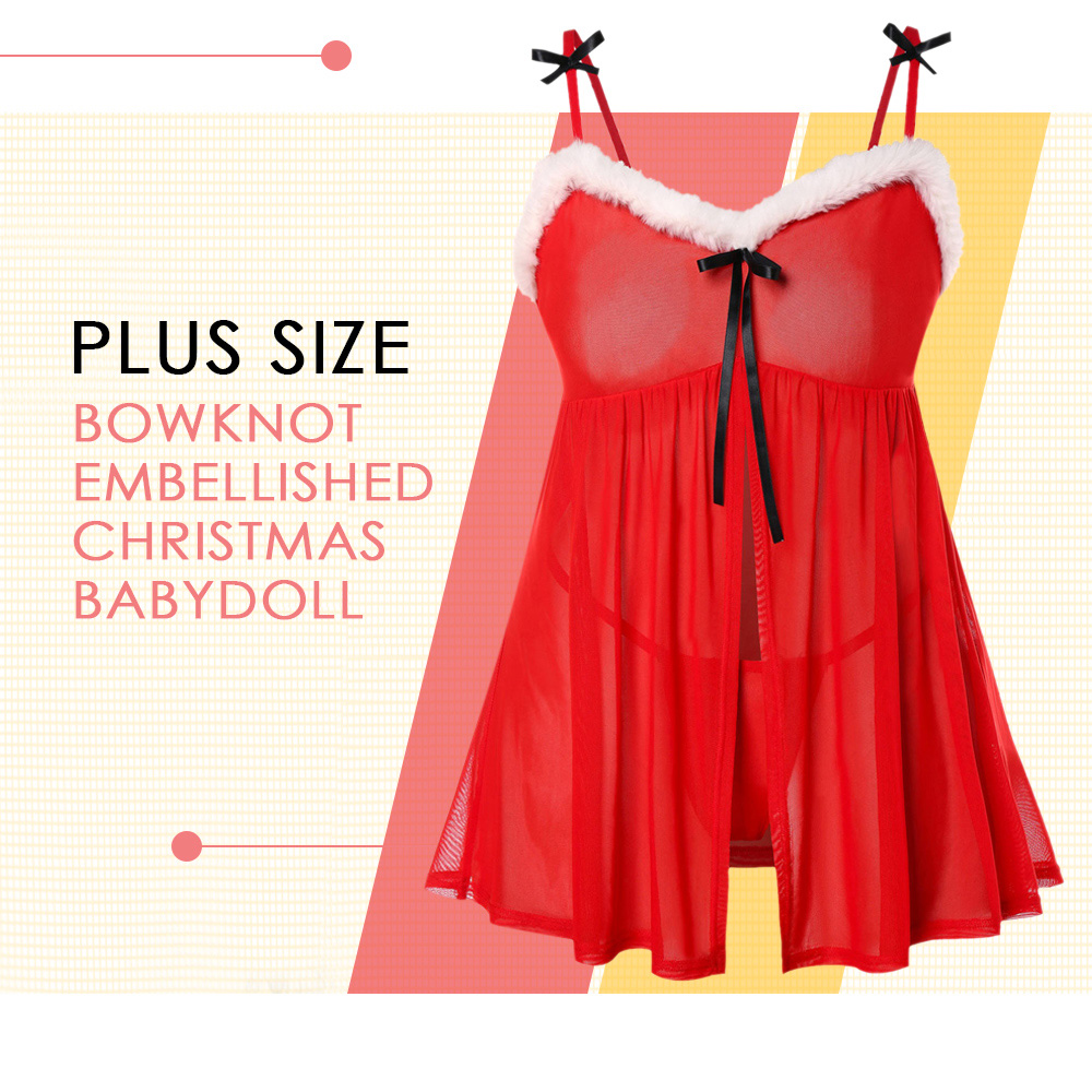 Plus Size Christmas Bowknot Embellished Babydoll