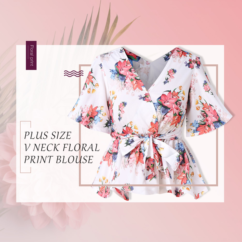 Plus Size Floral Print Belted Blouse
