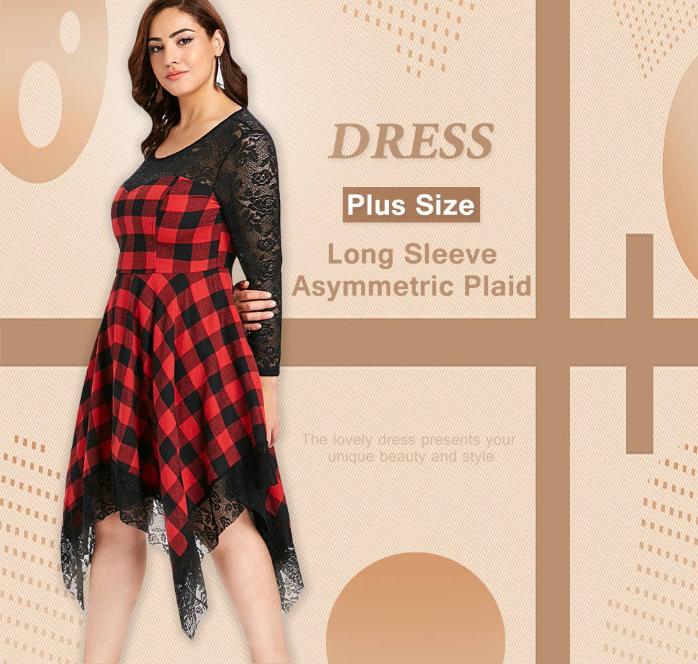 Plus Size Long Sleeve Asymmetric Plaid Dress