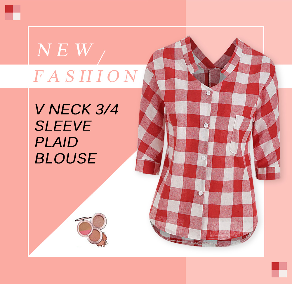 Front Pocket Plaid High Low Blouse