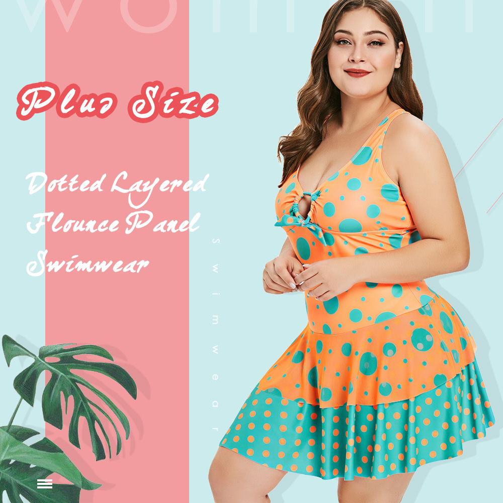 Plus Size Polka Dot Layered Flounce Panel Swimwear