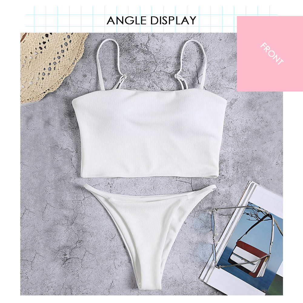 Spaghetti Strap Padded Backless Ribbed Solid Color Low Waist Women Bikini Set