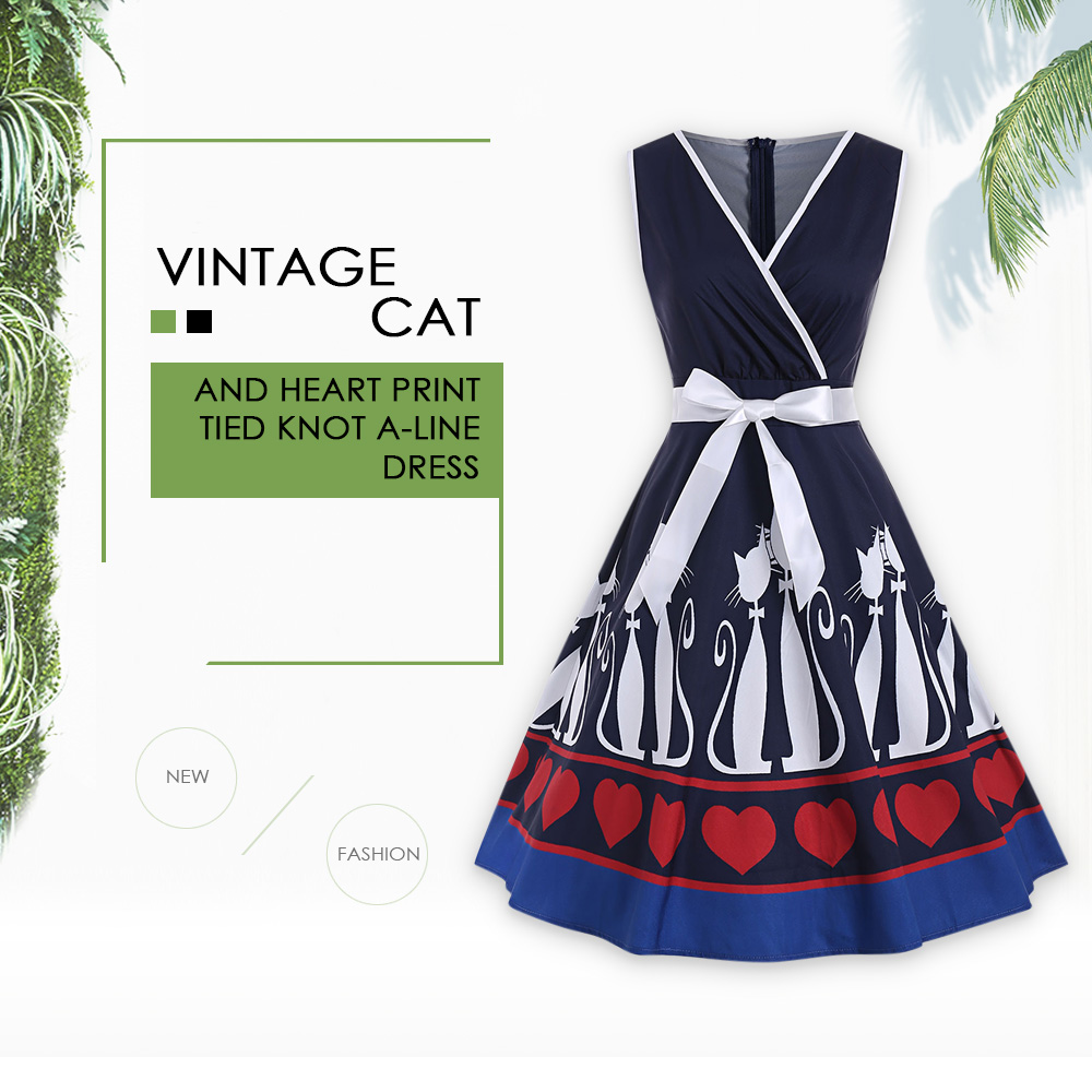 Vintage Cat and Heart Print Pin Up Dress