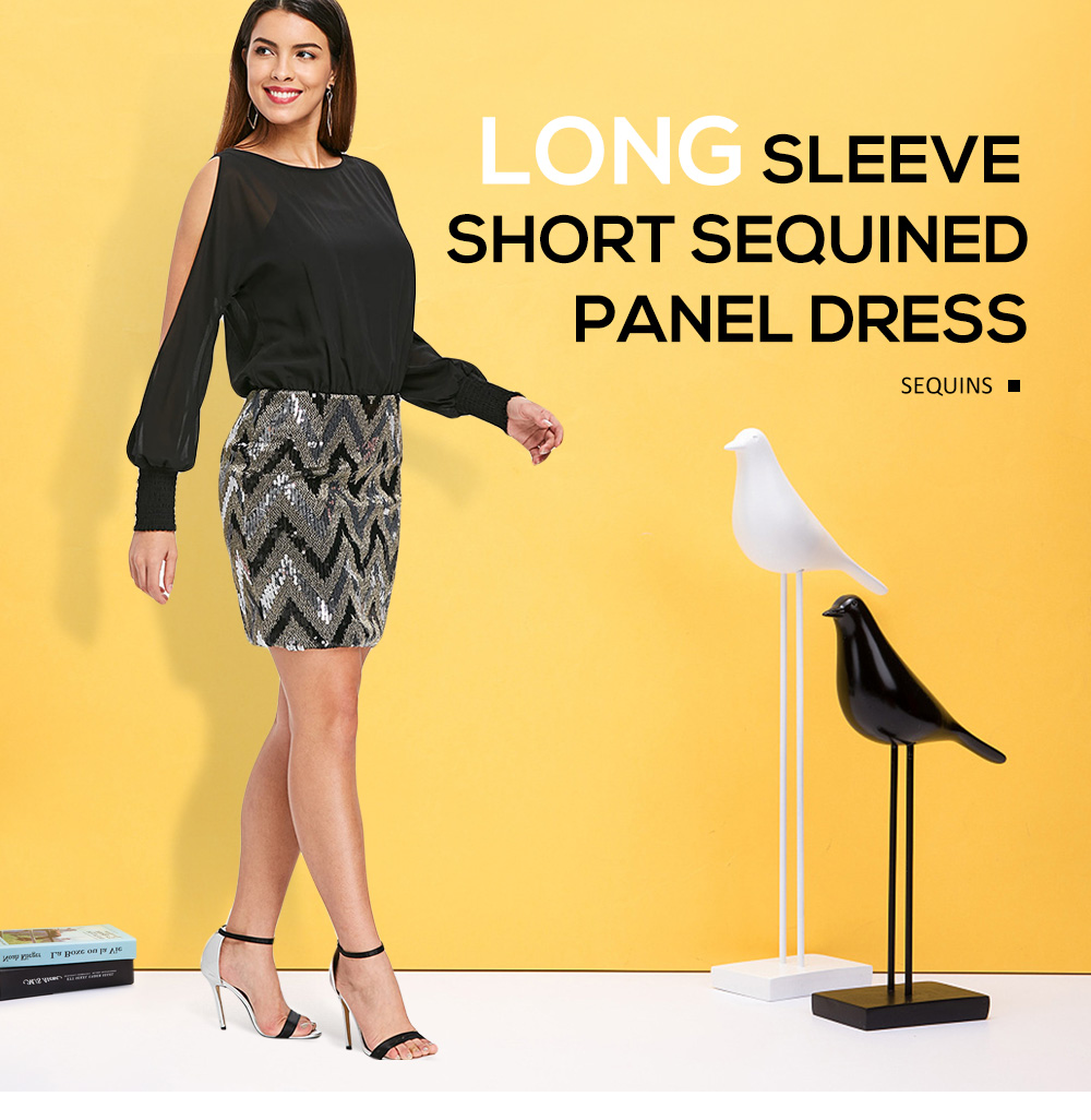 Long Sleeve Short Sequined Panel Dress