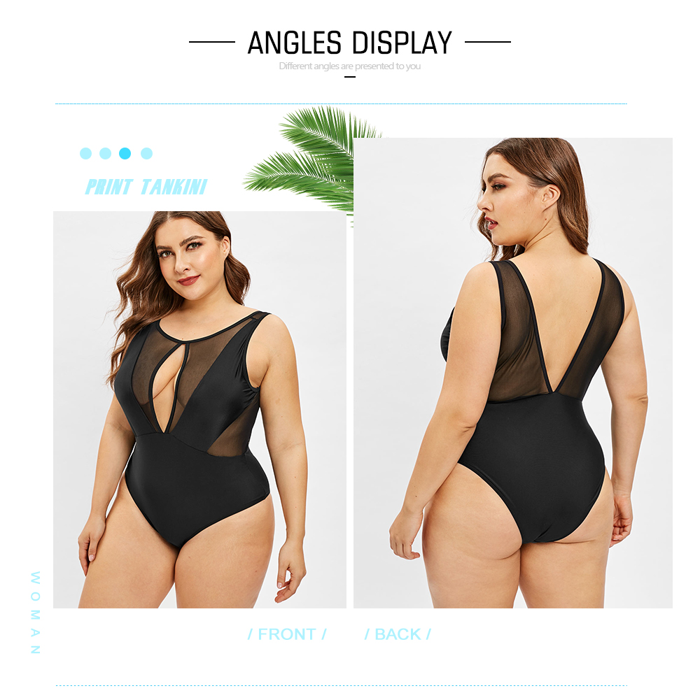 Keyhole Plus Size Mesh Panel Backless Swimsuit