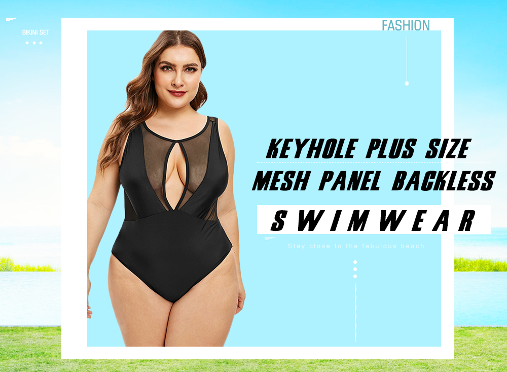 Keyhole Plus Size Mesh Panel Backless Swimsuit