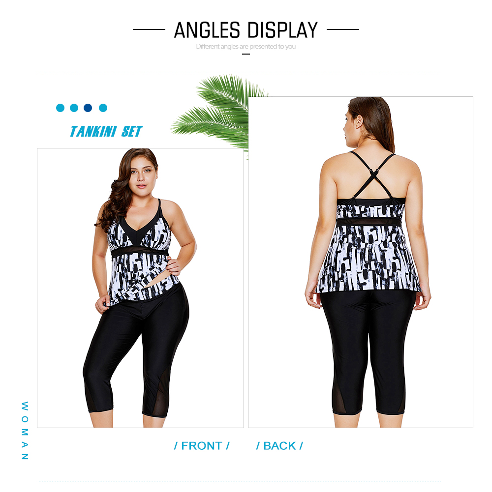 Plus Size Abstract Print Mesh Panel Tankini Set