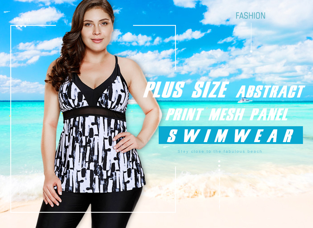 Plus Size Abstract Print Mesh Panel Tankini Set