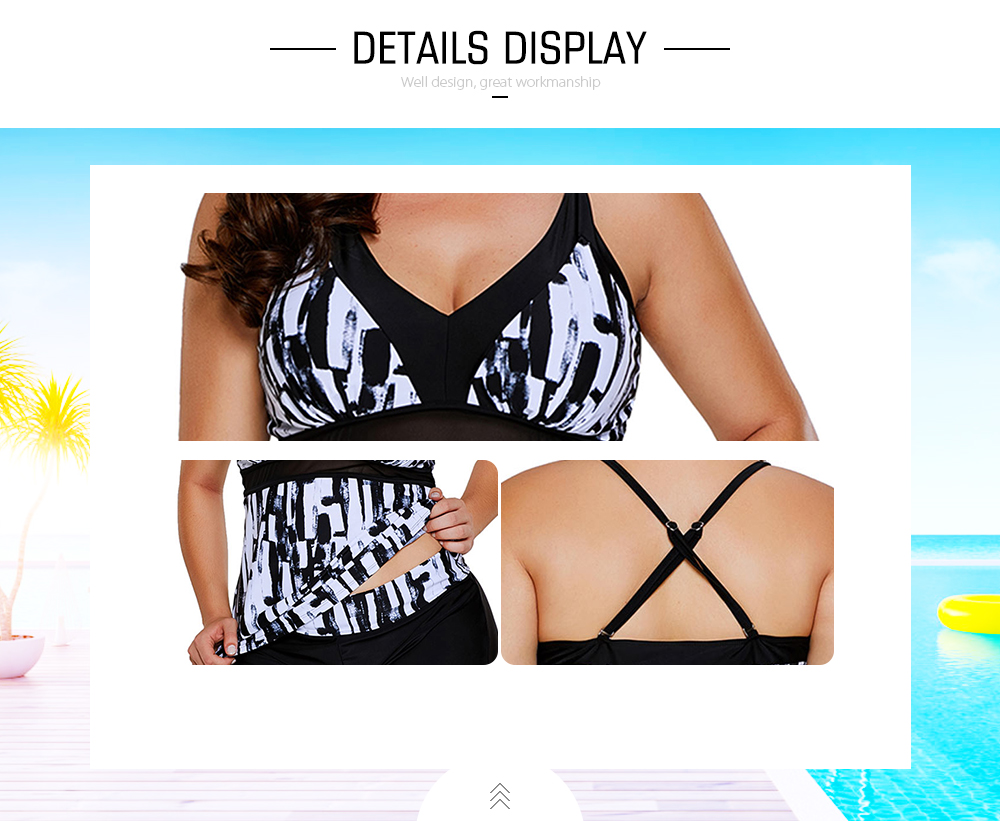 Plus Size Abstract Print Mesh Panel Tankini Set