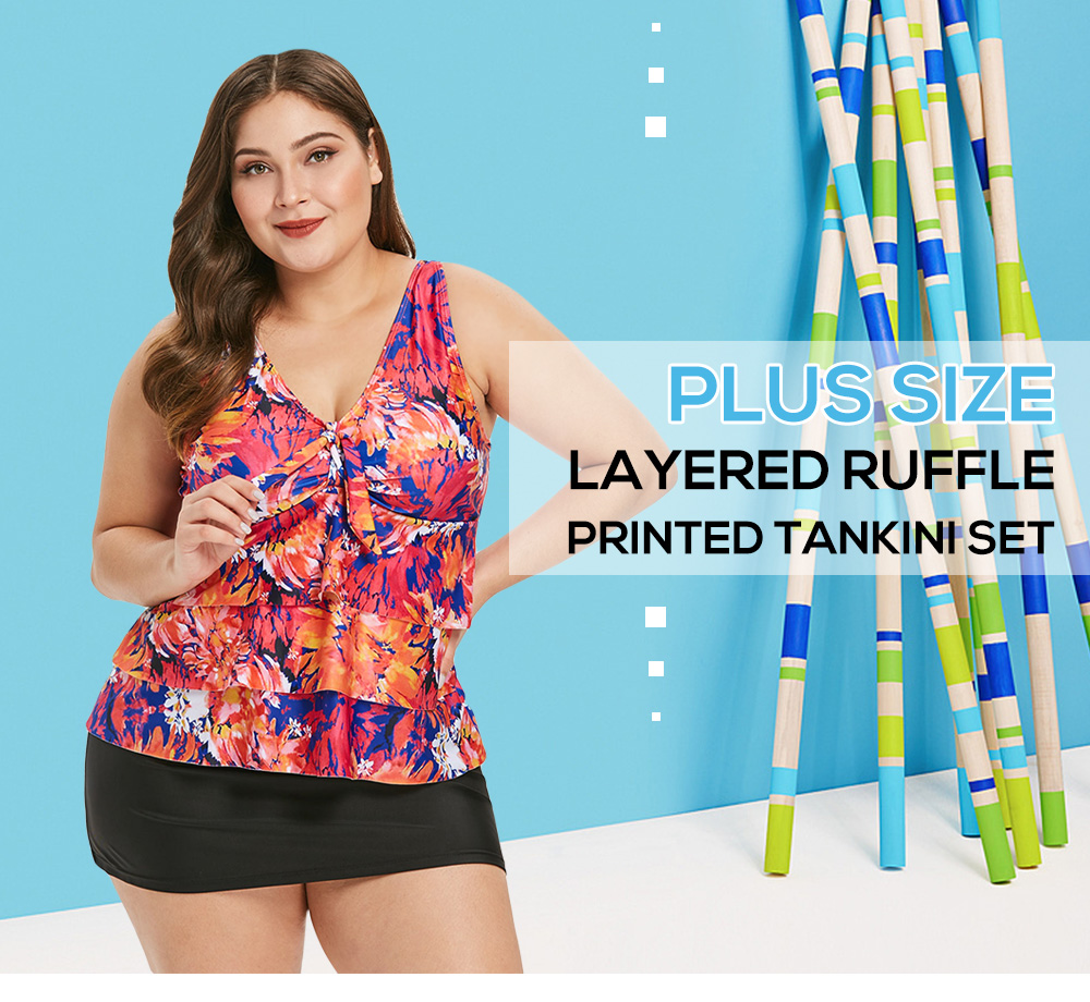 Layered Ruffle Plus Size Printed Tankini Set