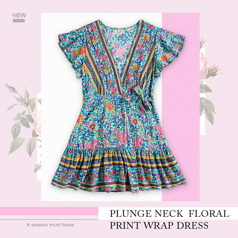 Plunge Neck Short Sleeve Floral Print A-line Pleated Belted Women Wrap Dress