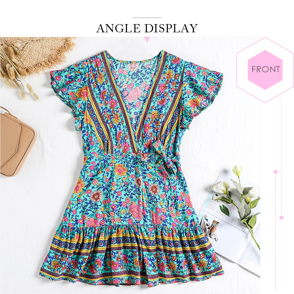 Plunge Neck Short Sleeve Floral Print A-line Pleated Belted Women Wrap Dress