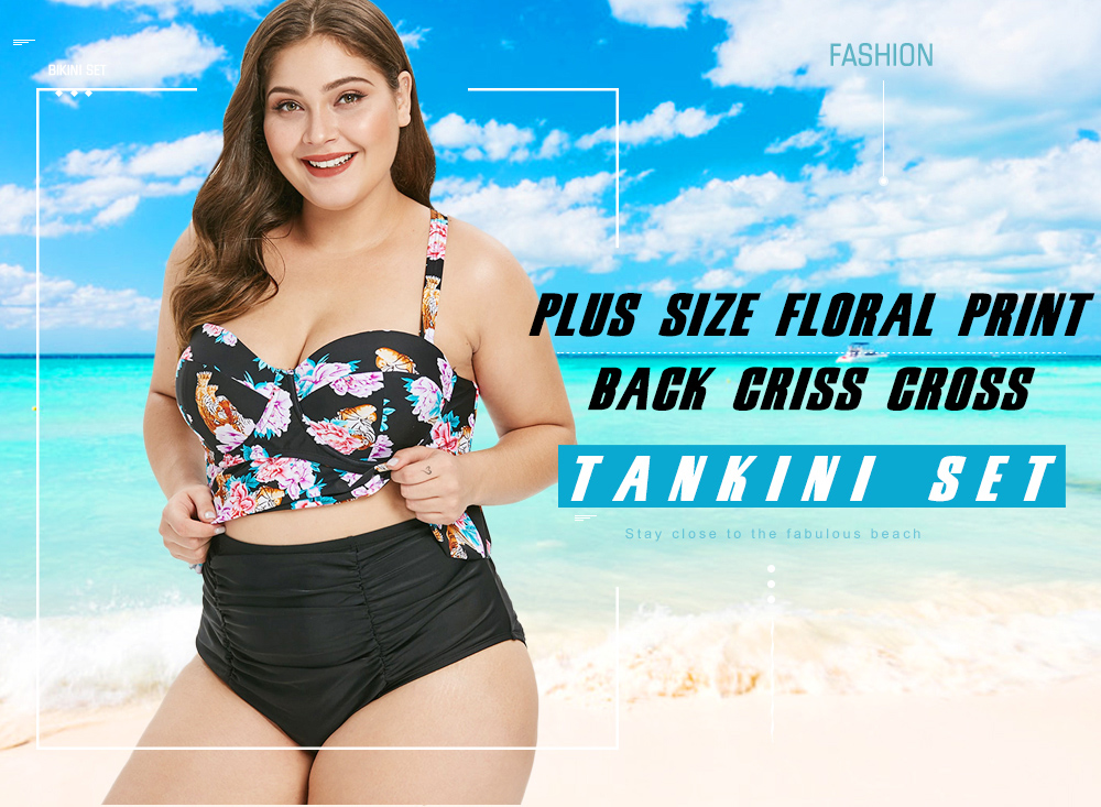 Plus Size Floral Print Back Criss Cross Tankini Set