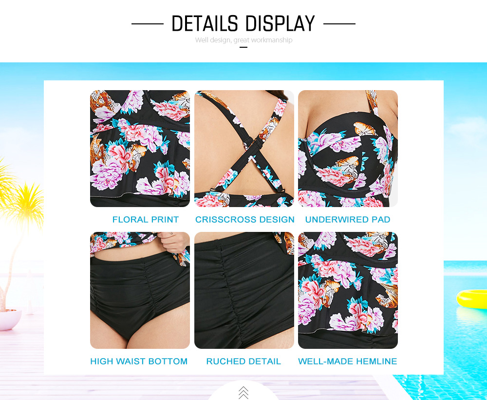 Plus Size Floral Print Back Criss Cross Tankini Set