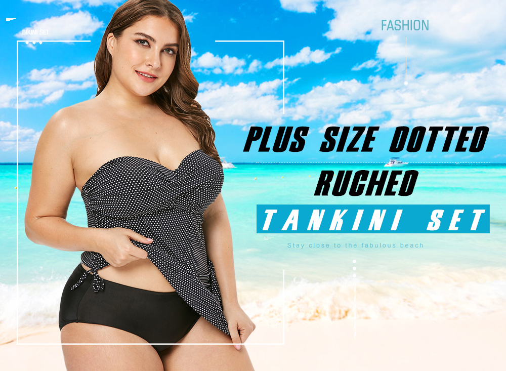 Plus Size Off The Shoulder Polka Dot Ruched Tankini Set