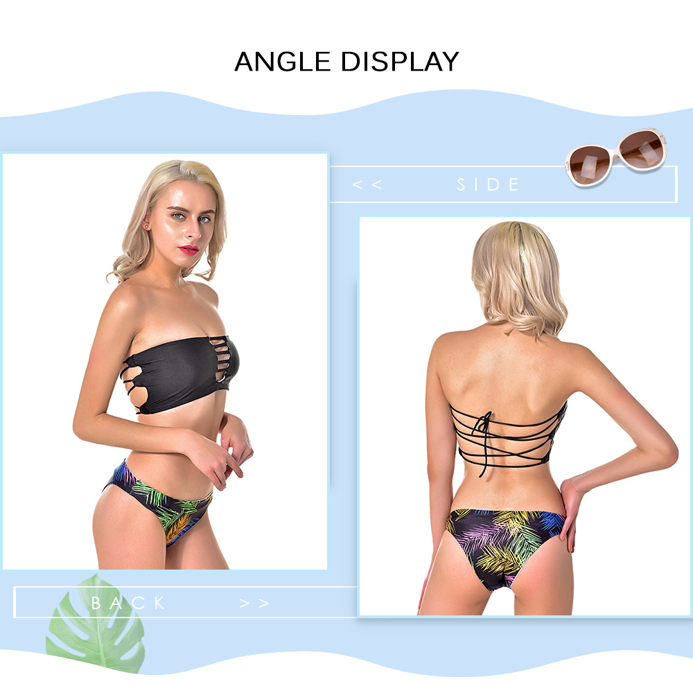 Lady Sexy Strapless Backless Padded Leaf Print Two-piece Beach Bikini Set
