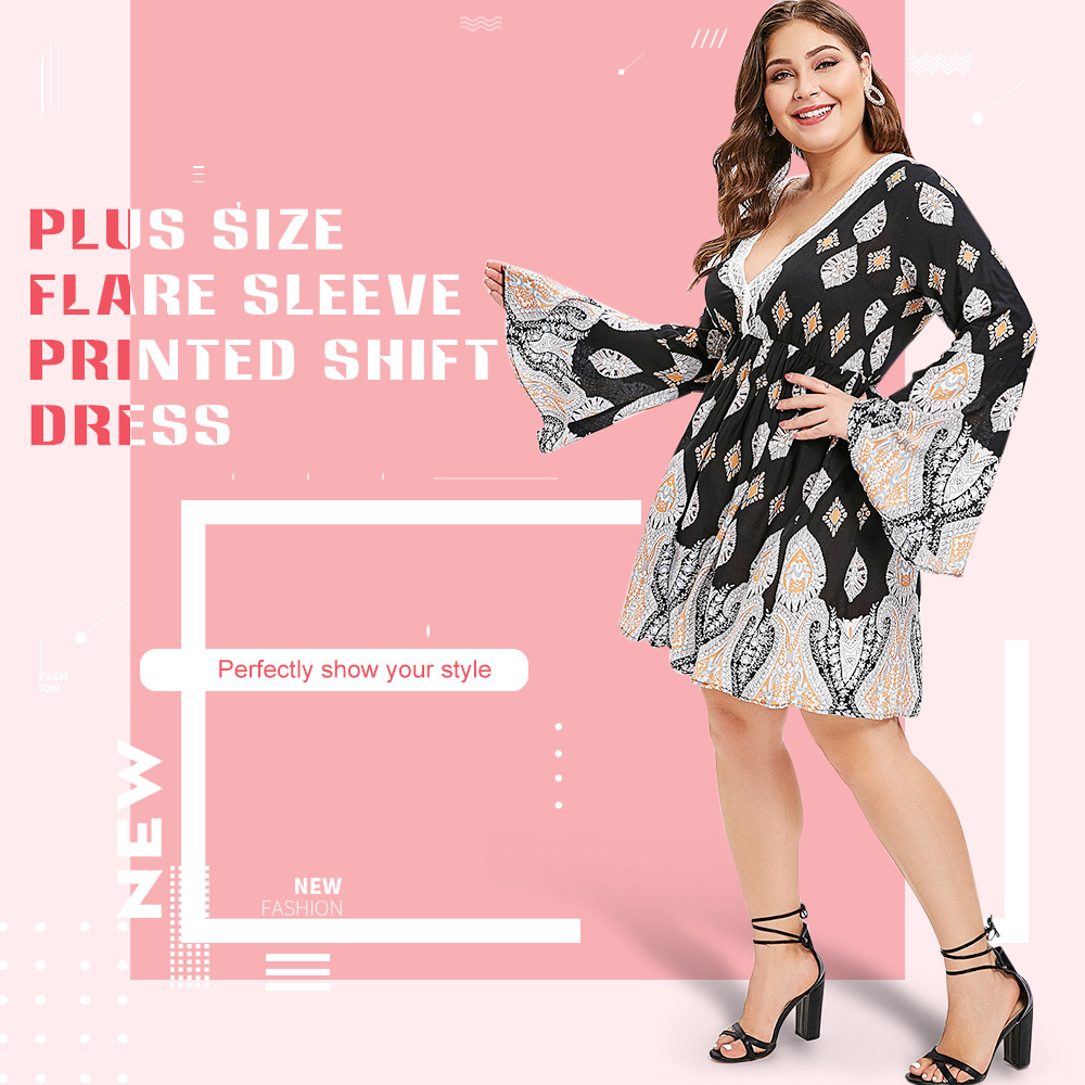 Plus Size Plunge Printed Shift Dress