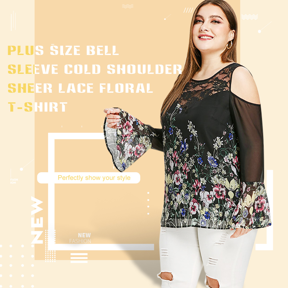 Plus Size Bell Sleeve Cold Shoulder Sheer T-shirt