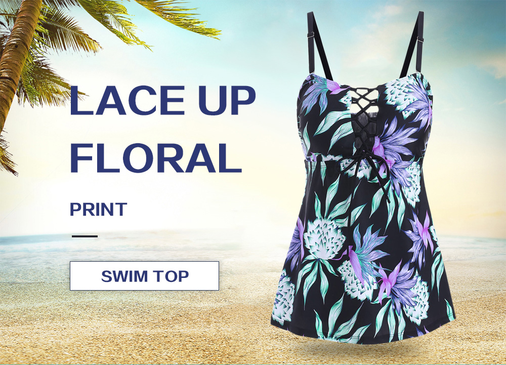 Lace Up Floral Print Swim Top