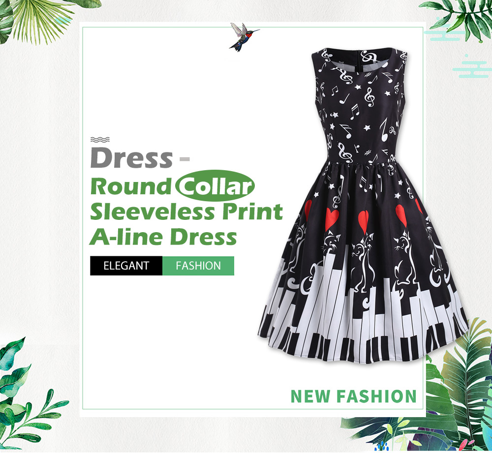 Piano Print Sleeveless A Line Dress