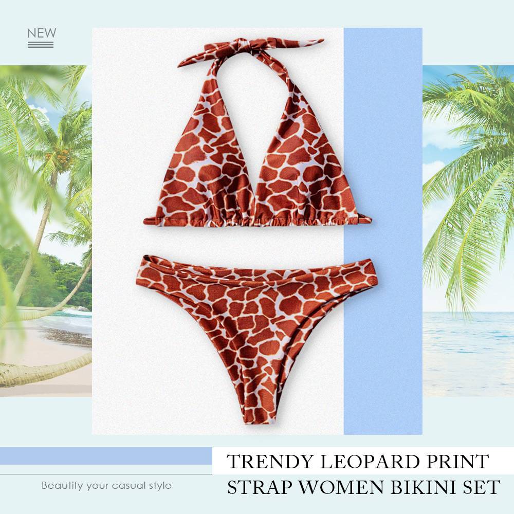 Trendy Leopard Print Strap Low Waist Padded Women Bikini Set