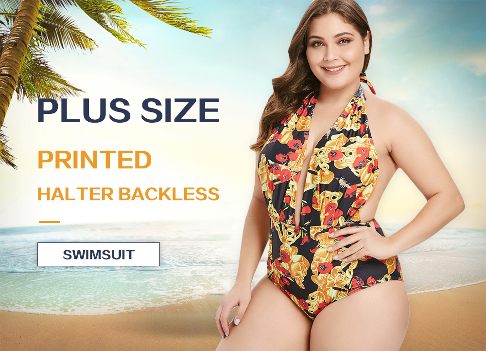 Plus Size Printed Halter Backless One Piece Swimsuit