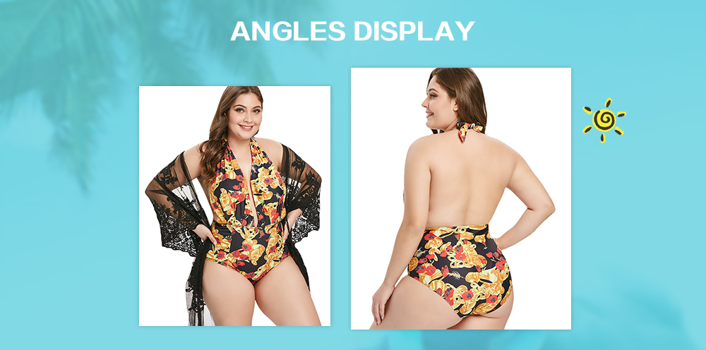 Plus Size Printed Halter Backless One Piece Swimsuit