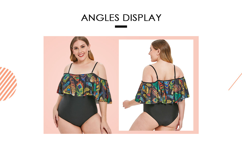 Plus Size Ruffle Panel Leaf Print Swimwear