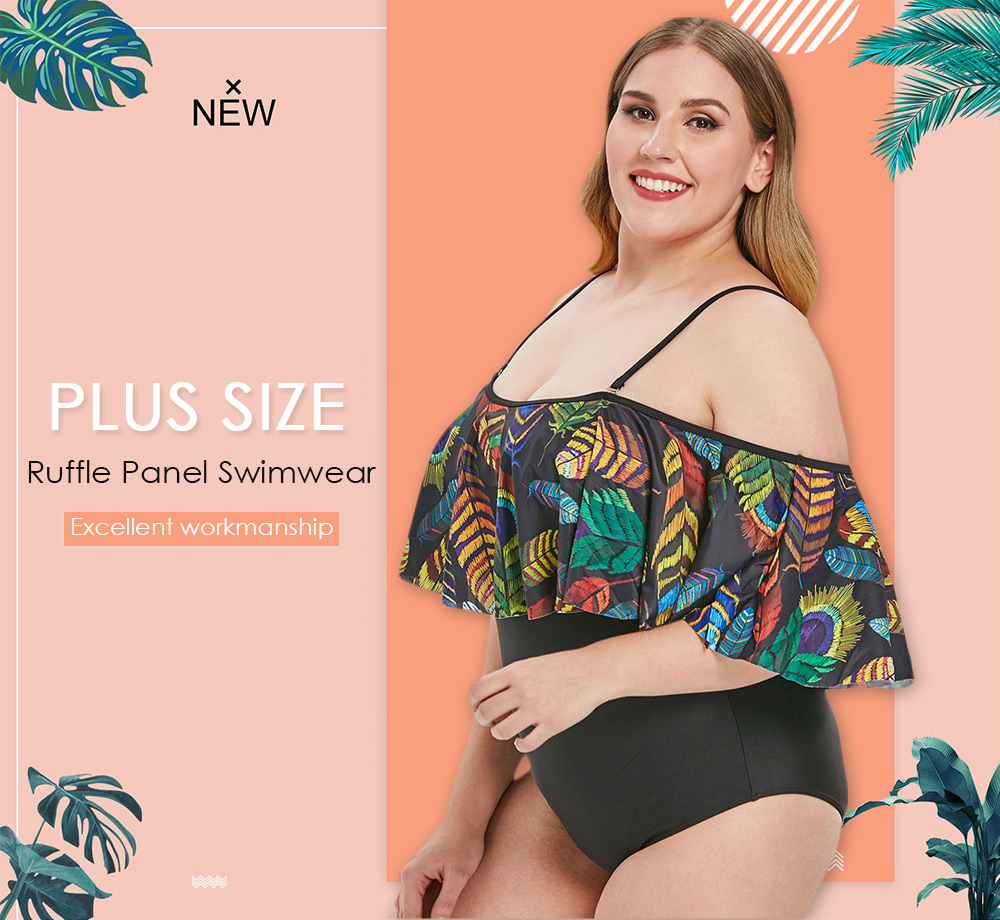 Plus Size Ruffle Panel Leaf Print Swimwear