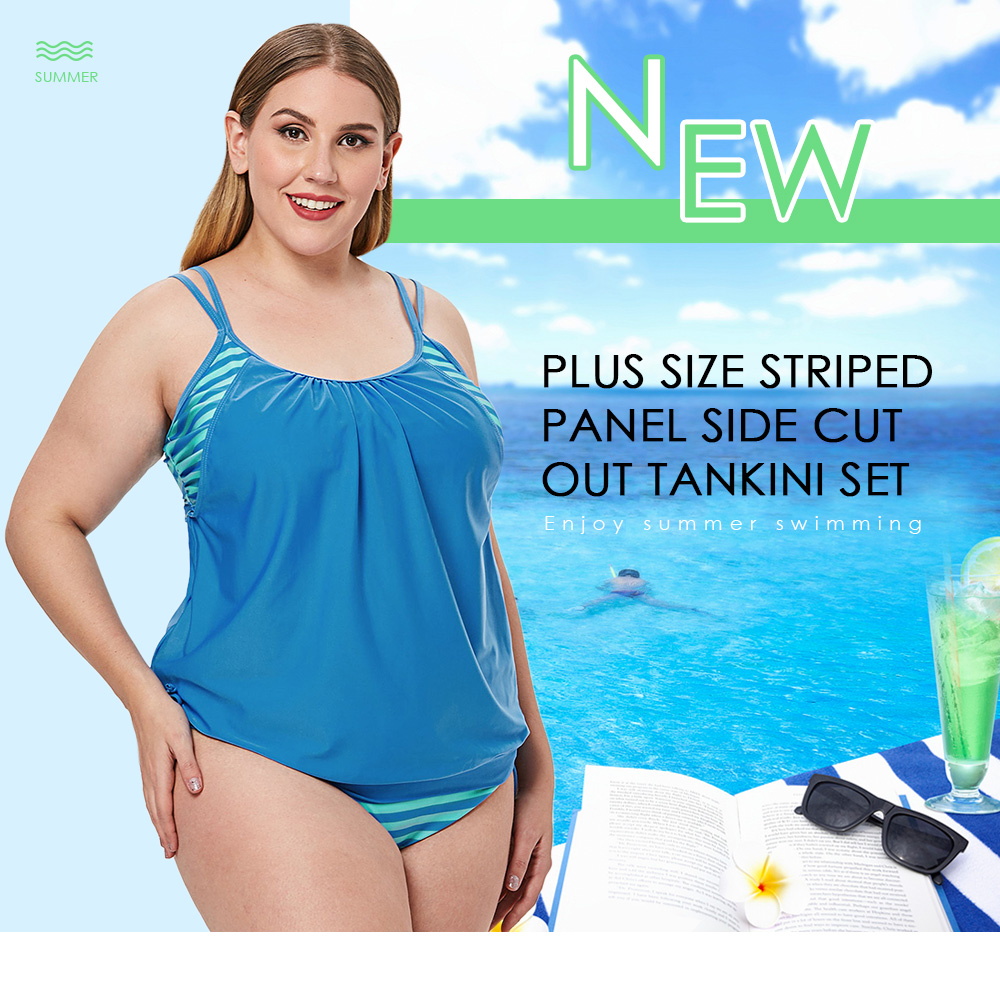 Plus Size Striped Panel Side Cut Out Tankini Set